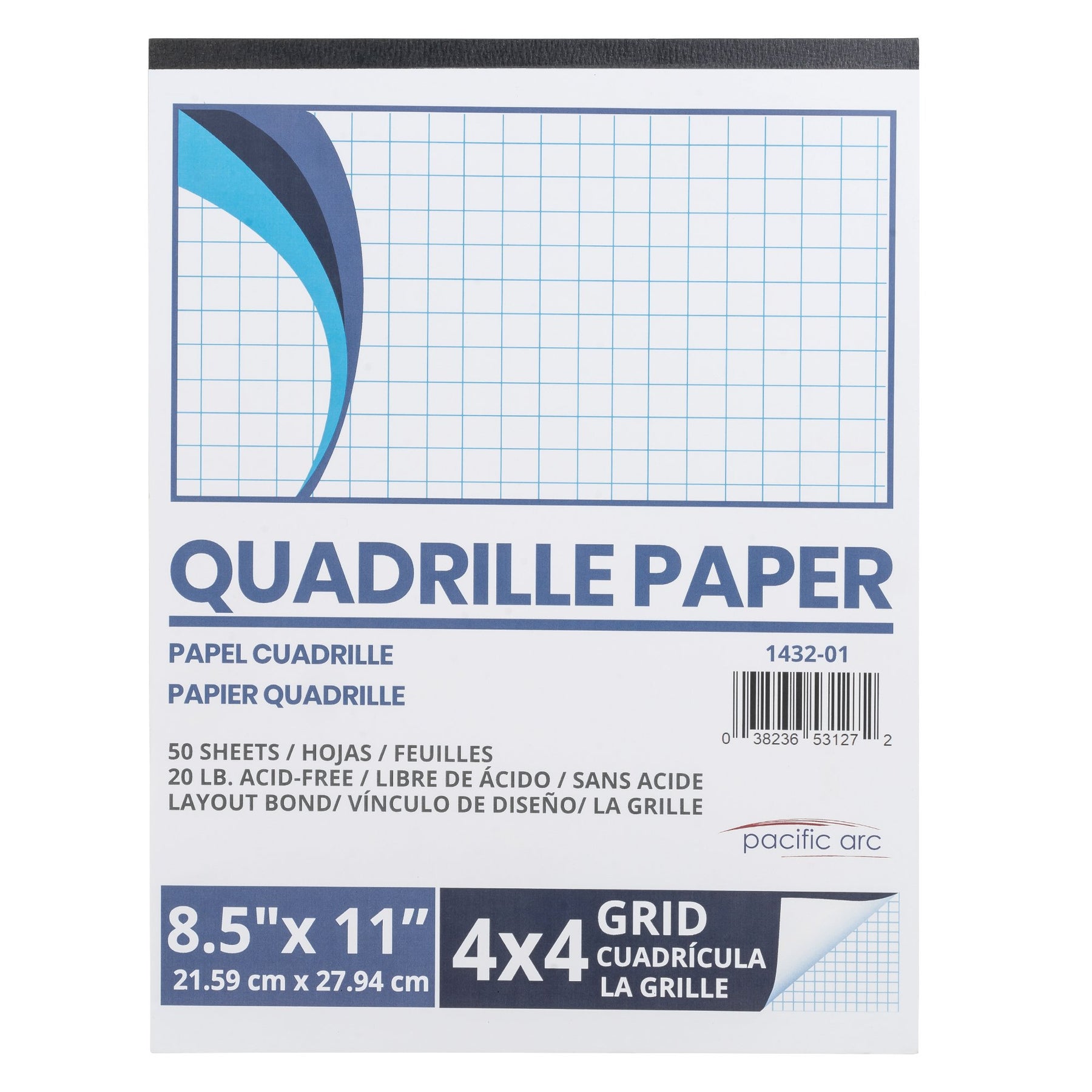 Pacific Arc, Quadrille Paper Pad, 50 Sheets 8.5 Inch x 11 Inch, 4 x 4 Grid