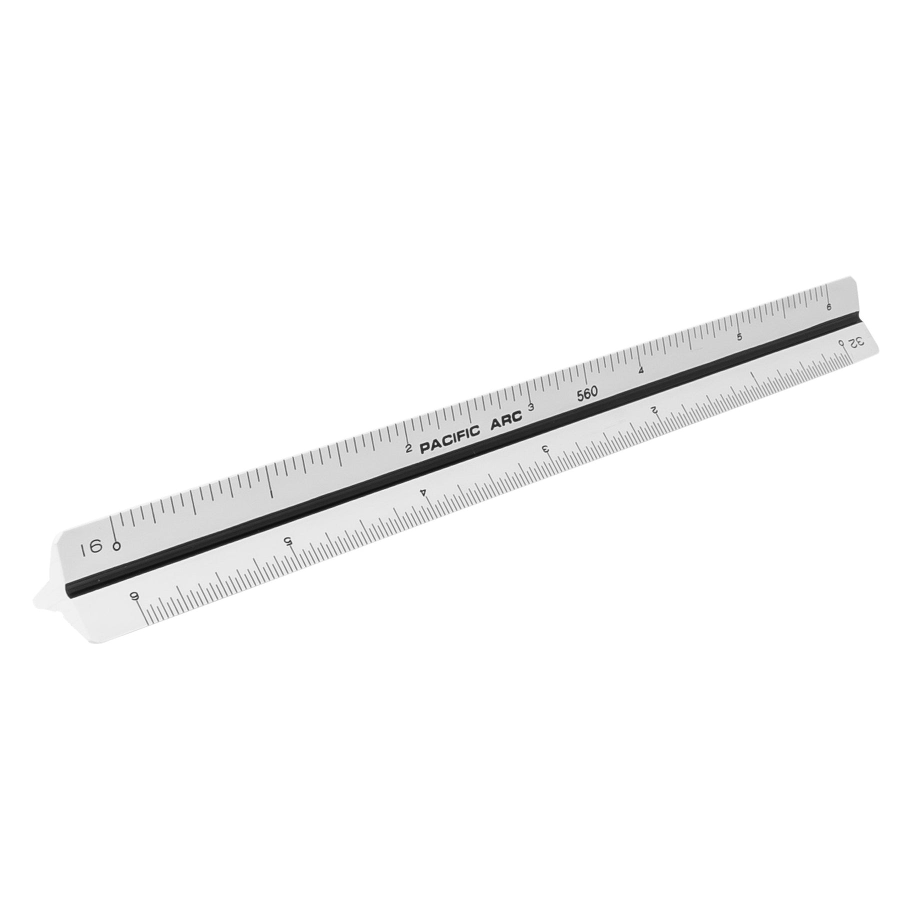Pacific Arc, Architect Color Coded Scale Ruler, Divided by: 1/16th inch, 3/32 inch, 1/8 inch, 3/16 inch, 1/4 inch, 3/8 inch, 1/2 inch, 3/4 inch, 1 inch, 1-1/2 inch, 3 inch scale degrees. 12 inch