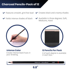 Premium Charcoal Drawing Pencils for Artists - 6 Pieces Soft Medium and Hard - Charcoal Pencils for Drawing, Sketching and Shading - Great Non Toxic Art Supplies Set for Adults and Kids